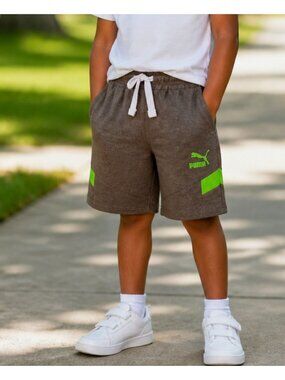 Puma Boys Brown & Neon Green Casual Shorts With Drawstring Waist Size 5 Cotton B